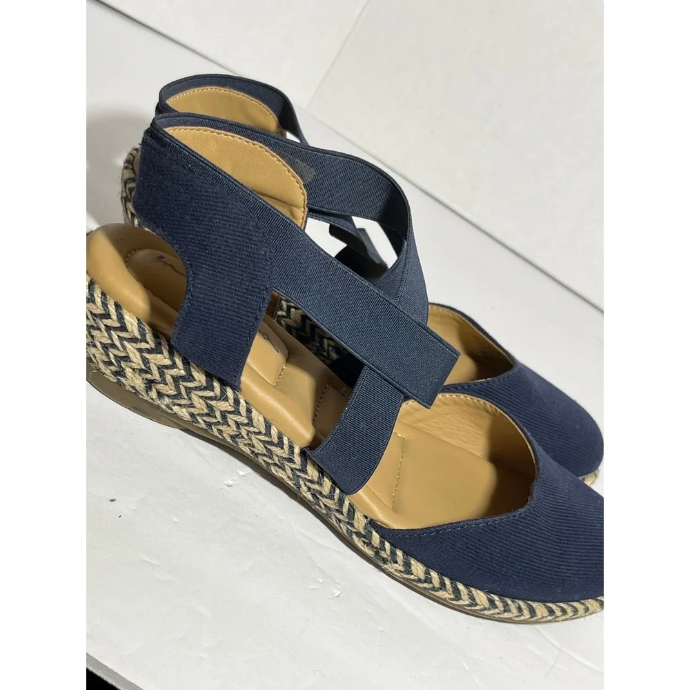 Me Too Dixie-BC Navy Blue Espadrille Wedge Sandals Bohemian 6M Elastic Straps